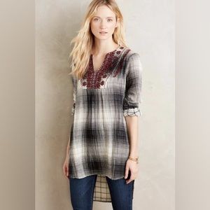 Floreat by Anthro Flannel Plaid Embroidered Split ahem High Low Tunic